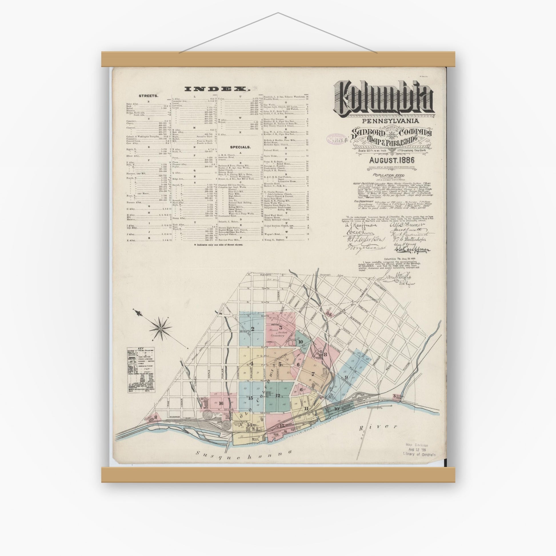 Old map wall art mockup — magnetic wood frame on white wall — Sanborn Fire Insurance Map from Columbia, Lancaster County, Pennsylvania (1886) - Complete Map Set