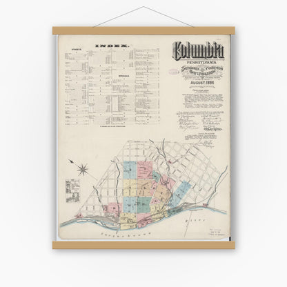 Old map wall art mockup — magnetic wood frame on white wall — Sanborn Fire Insurance Map from Columbia, Lancaster County, Pennsylvania (1886) - Complete Map Set