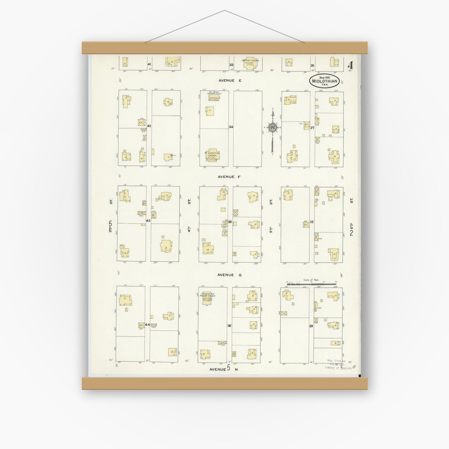 Old map wall art mockup — magnetic wood frame on white wall — Sanborn Fire Insurance Map from Midlothian, Ellis County, Texas (1910), Sheet #0004