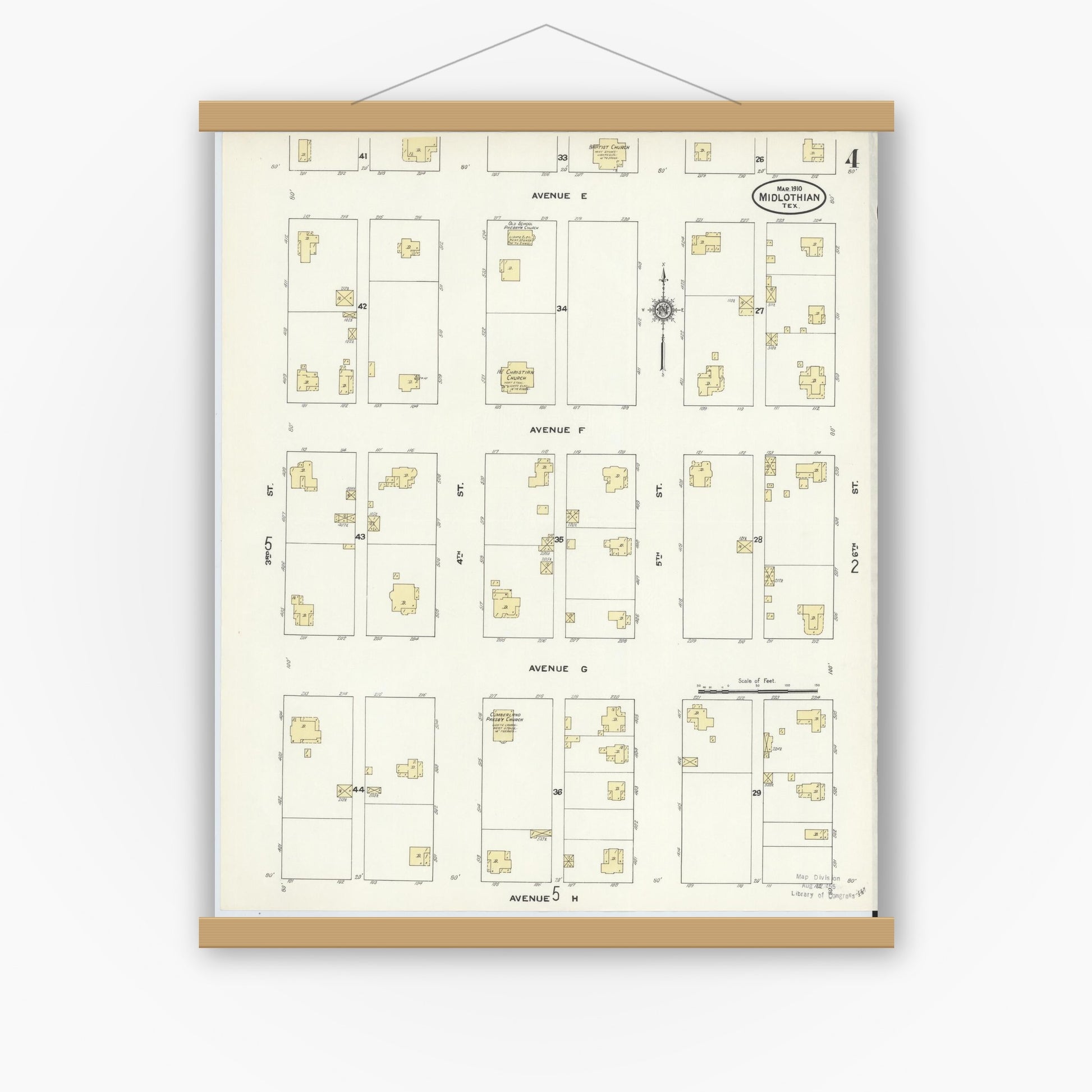 Old map wall art mockup — magnetic wood frame on white wall — Sanborn Fire Insurance Map from Midlothian, Ellis County, Texas (1910), Sheet #0004
