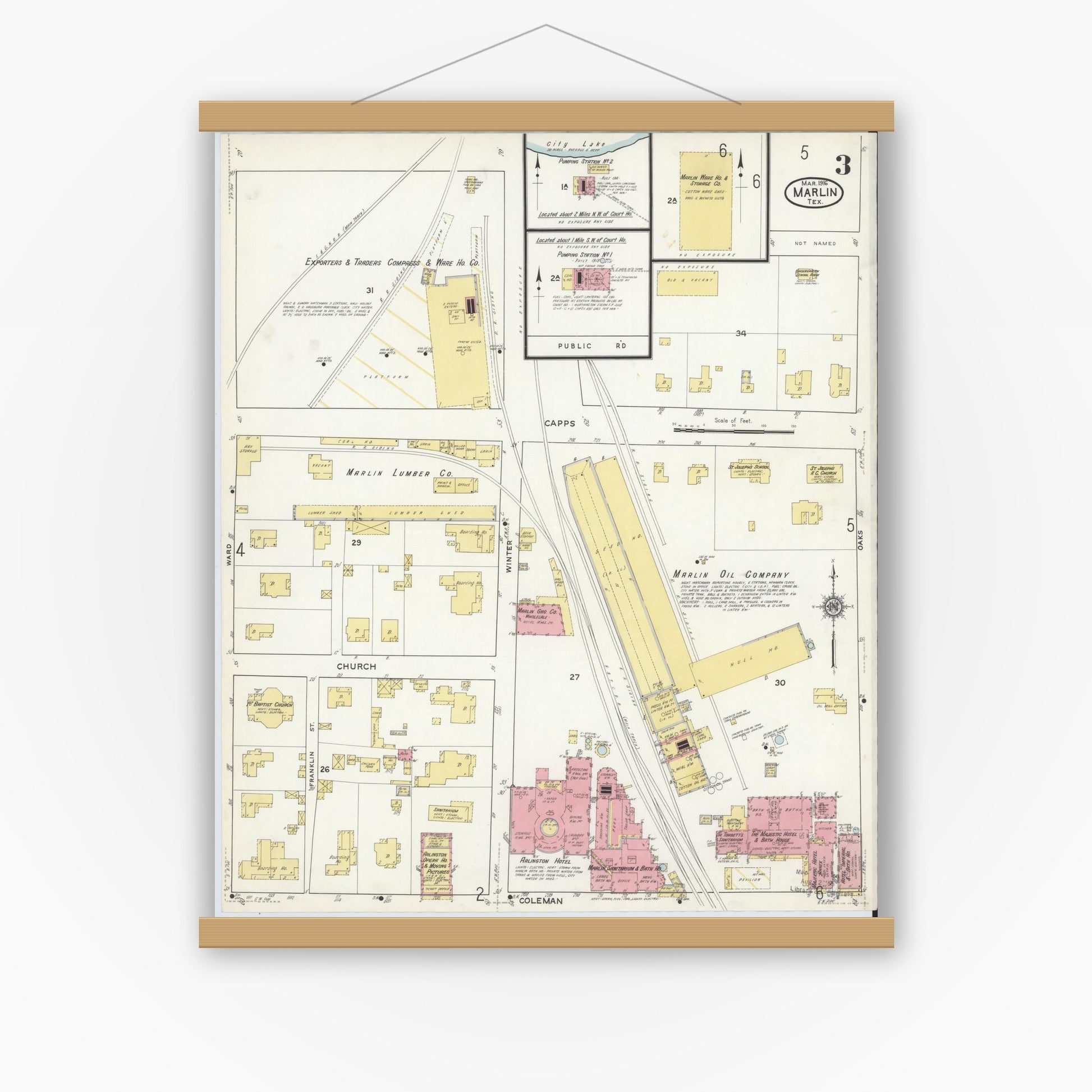 Old map wall art mockup — magnetic wood frame on white wall — Sanborn Fire Insurance Map from Marlin, Falls County, Texas (1916), Sheet #0003