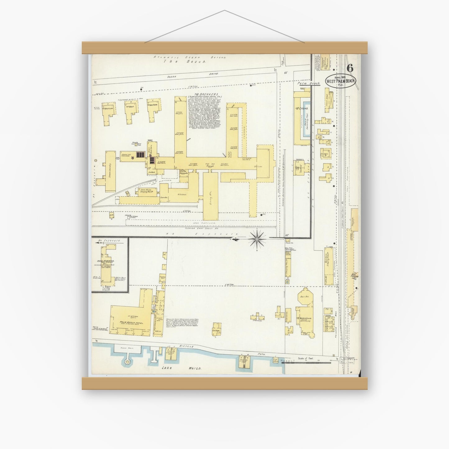 Old map wall art mockup — magnetic wood frame on white wall — Sanborn Fire Insurance Map from West Palm Beach, Dade County, Florida (1903), Sheet #0006
