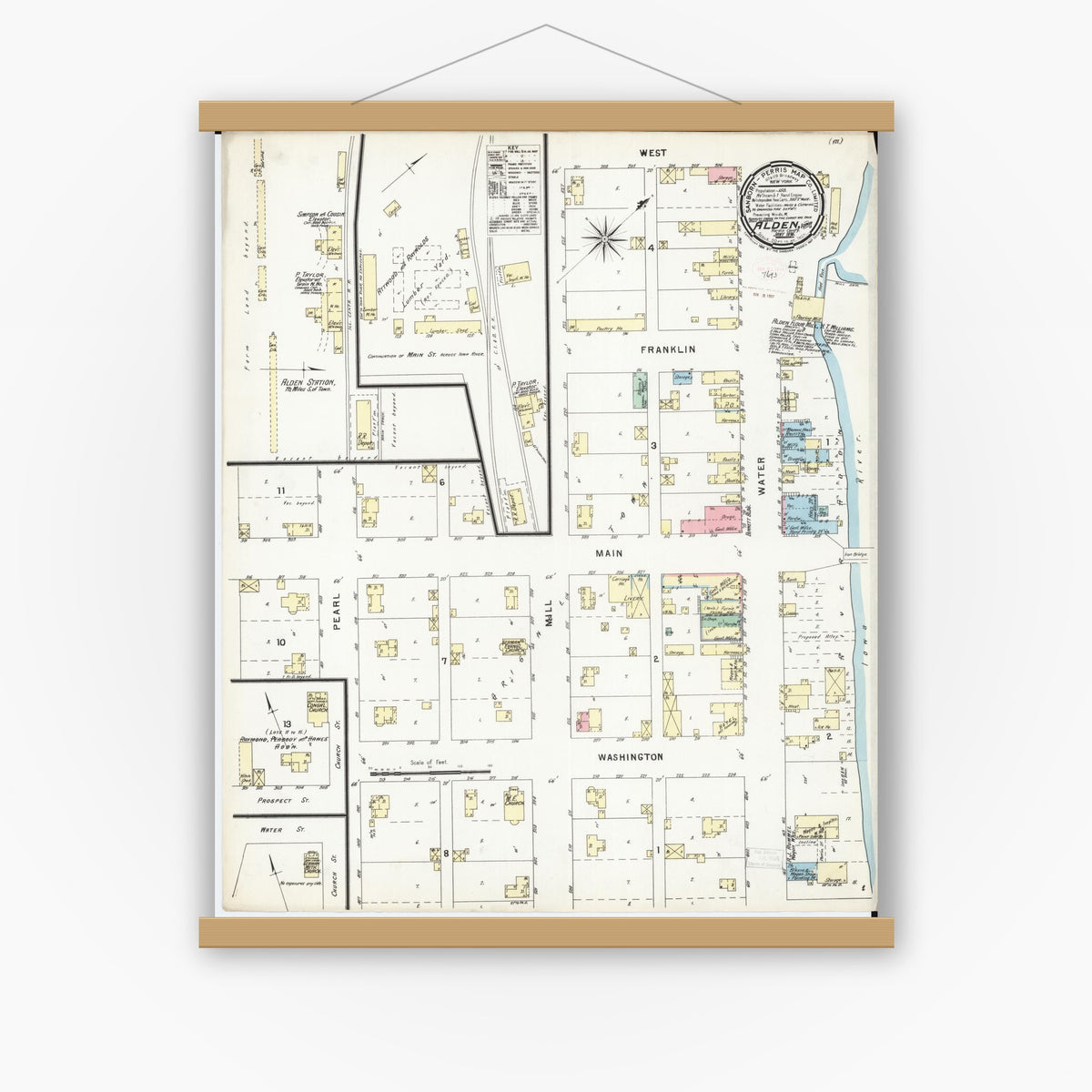 Old map wall art mockup — magnetic wood frame on white wall — Sanborn Fire Insurance Map from Alden, Hardin County, Iowa (1896), Sheet #0001