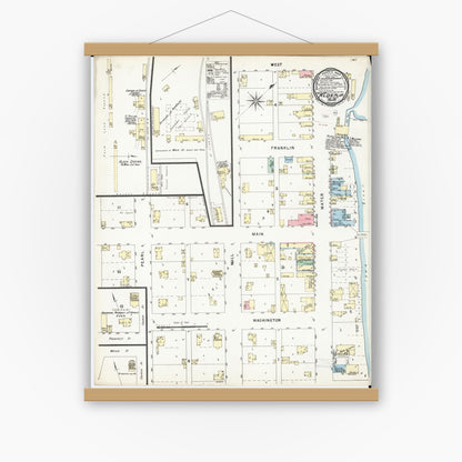 Old map wall art mockup — magnetic wood frame on white wall — Sanborn Fire Insurance Map from Alden, Hardin County, Iowa (1896), Sheet #0001