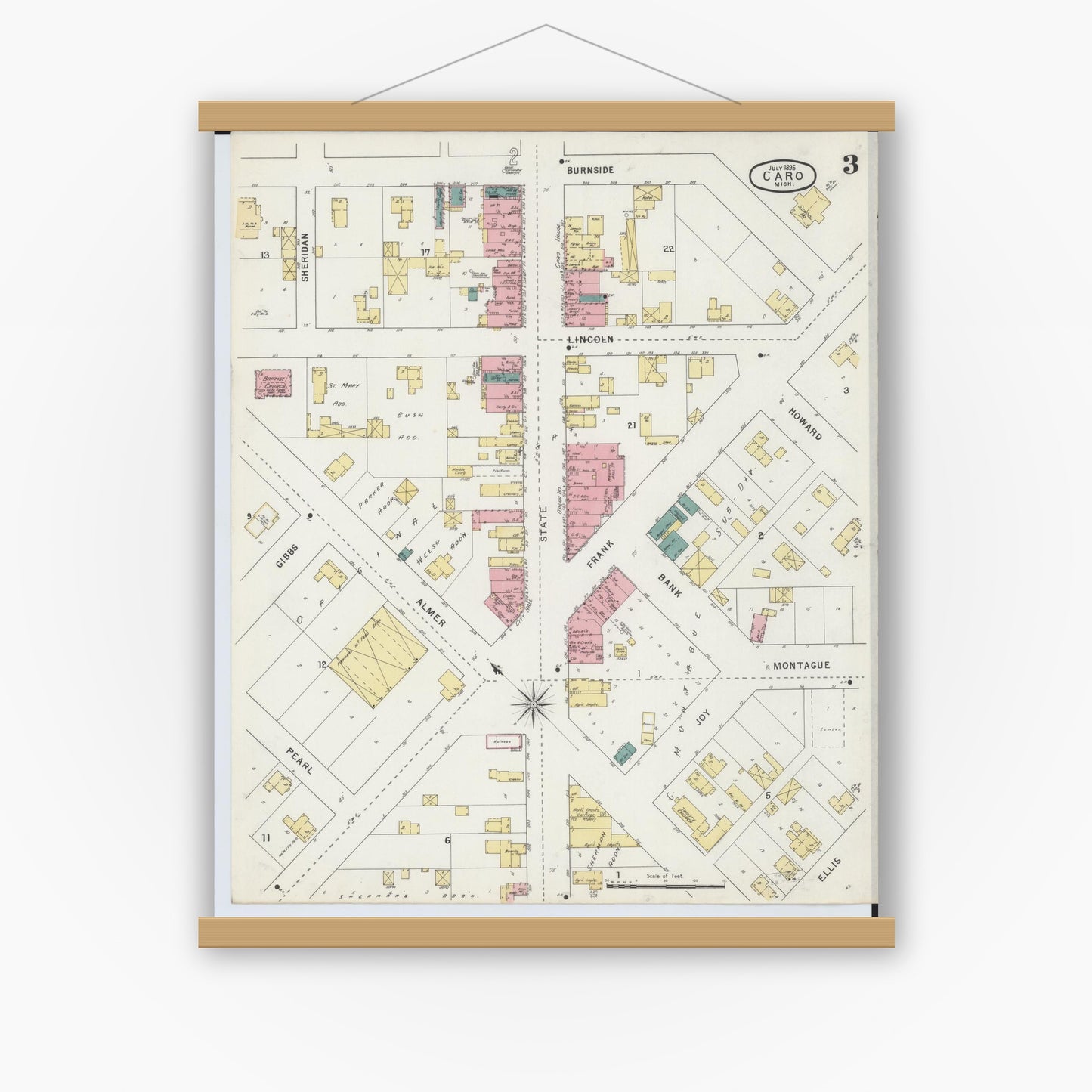 Old map wall art mockup — magnetic wood frame on white wall — Sanborn Fire Insurance Map from Caro, Tuscola County, Michigan (1895), Sheet #0003