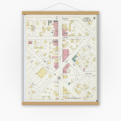 Old map wall art mockup — magnetic wood frame on white wall — Sanborn Fire Insurance Map from Caro, Tuscola County, Michigan (1895), Sheet #0003