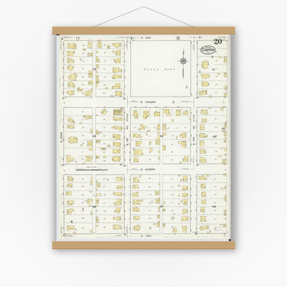 Old map wall art mockup — magnetic wood frame on white wall — Sanborn Fire Insurance Map from Canton, Fulton County, Illinois (1917), Sheet #0020