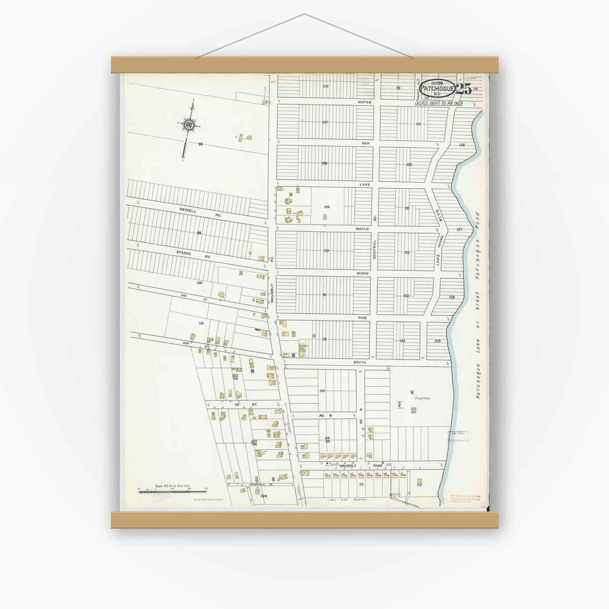 Old map wall art mockup — magnetic wood frame on white wall — Sanborn Fire Insurance Map from Patchogue, Suffolk County, New York (1916), Sheet #0025