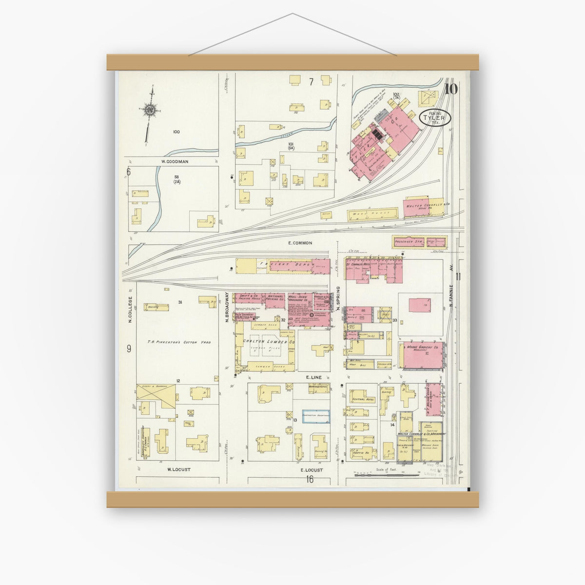 Old map wall art mockup — magnetic wood frame on white wall — Sanborn Fire Insurance Map from Tyler, Smith County, Texas (1912), Sheet #0010
