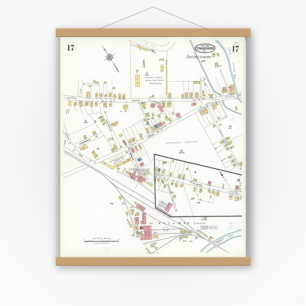 Old map wall art mockup — magnetic wood frame on white wall — Sanborn Fire Insurance Map from Stroudsburg, Monroe County, Pennsylvania (1923), Sheet #0017