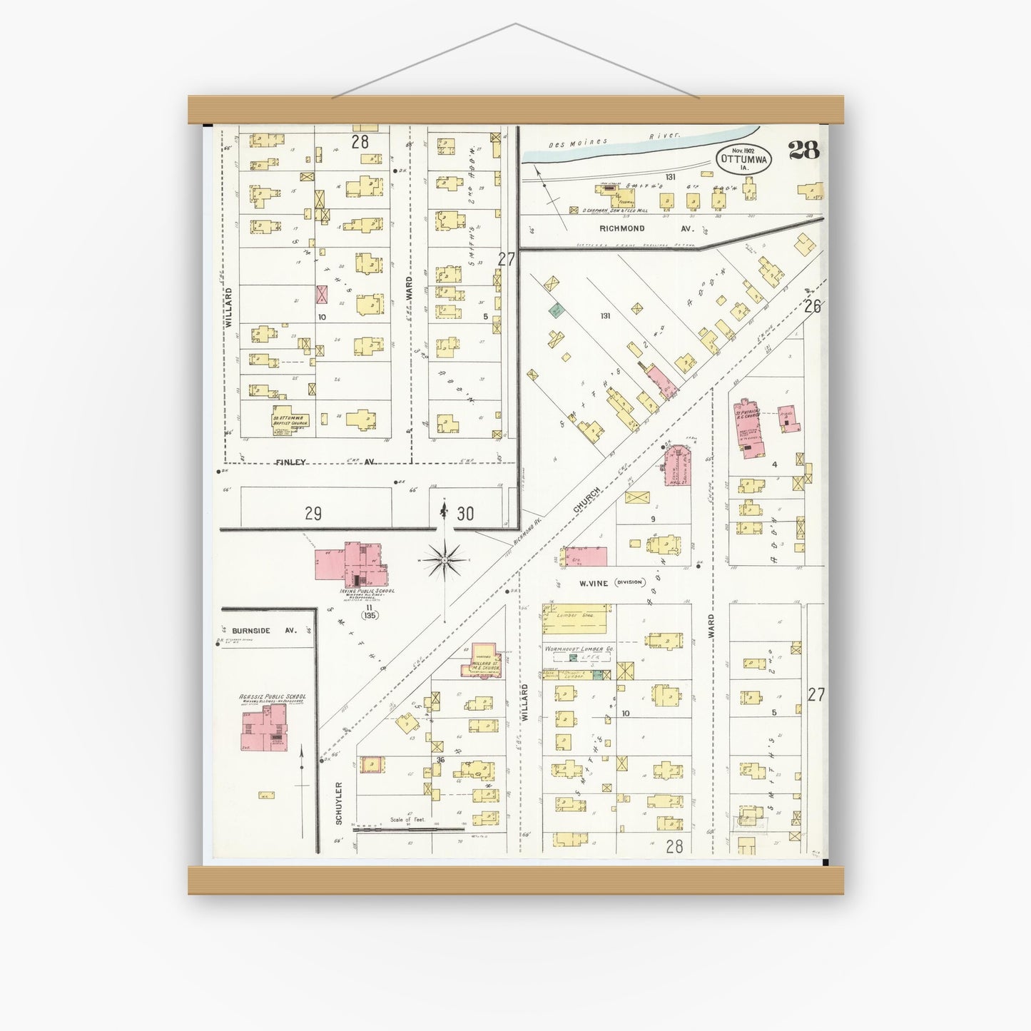 Old map wall art mockup — magnetic wood frame on white wall — Sanborn Fire Insurance Map from Ottumwa, Wapello County, Iowa (1902), Sheet #0028