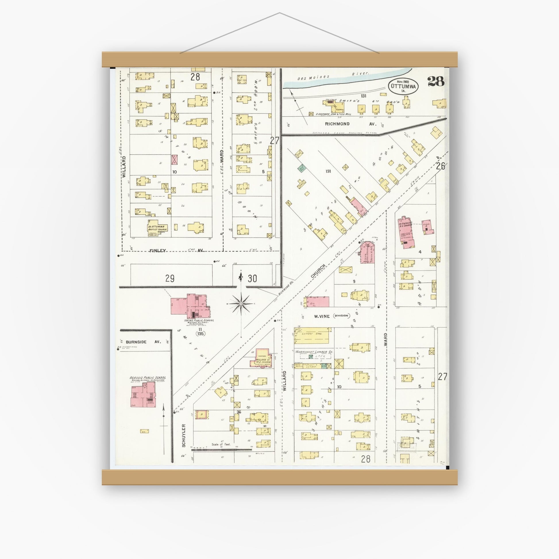 Old map wall art mockup — magnetic wood frame on white wall — Sanborn Fire Insurance Map from Ottumwa, Wapello County, Iowa (1902), Sheet #0028