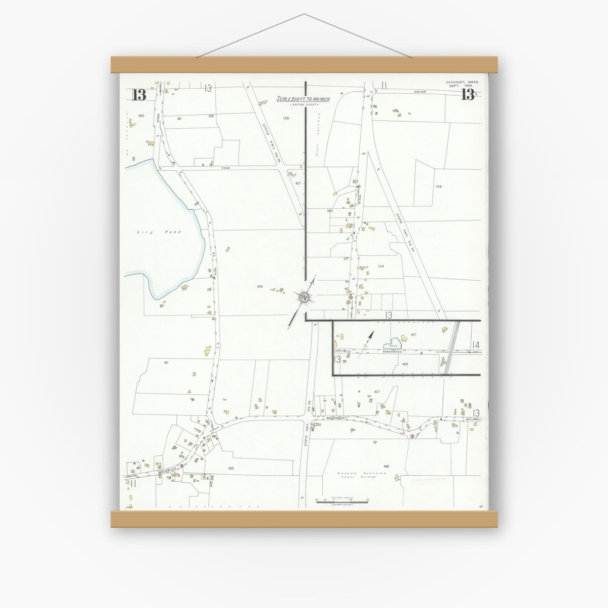 Old map wall art mockup — magnetic wood frame on white wall — Sanborn Fire Insurance Map from Cohasset, Norfolk County, Massachusetts (1935), Sheet #0013