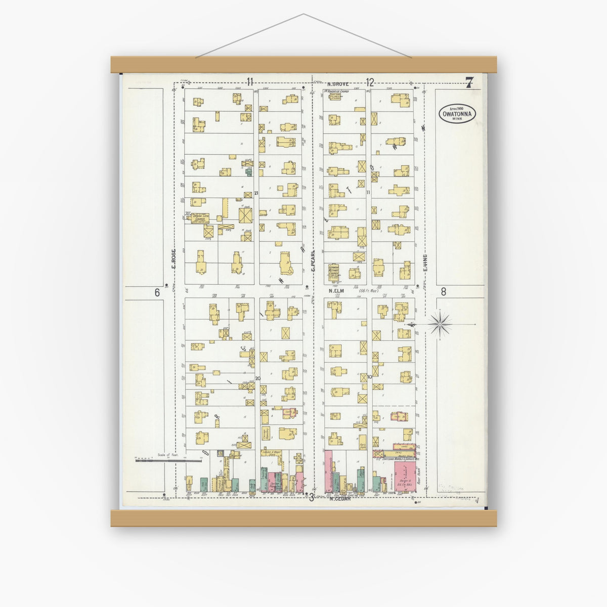 Old map wall art mockup — magnetic wood frame on white wall — Sanborn Fire Insurance Map from Owatonna, Steele County, Minnesota (1900), Sheet #0007