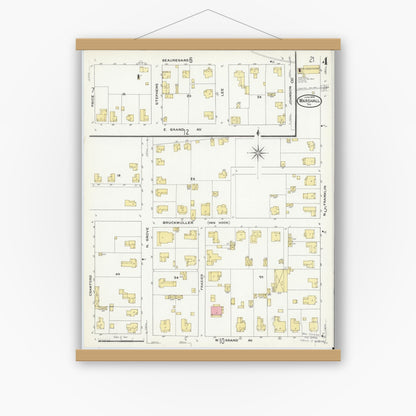 Old map wall art mockup — magnetic wood frame on white wall — Sanborn Fire Insurance Map from Marshall, Harrison County, Texas (1909), Sheet #0004