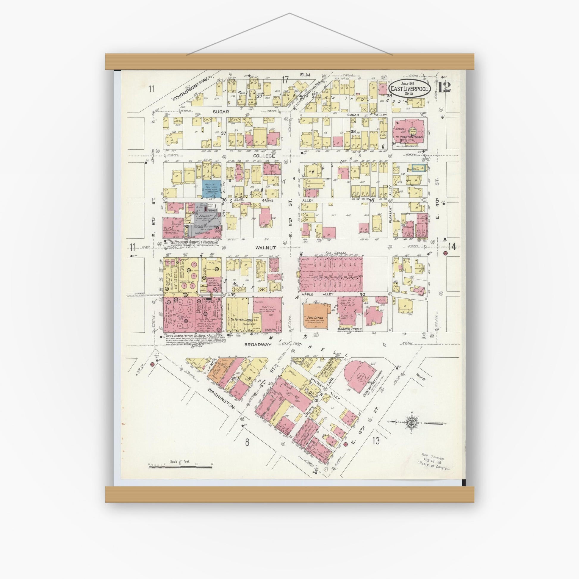 Old map wall art mockup — magnetic wood frame on white wall — Sanborn Fire Insurance Map from East Liverpool, Columbiana County, Ohio (1913), Sheet #0012