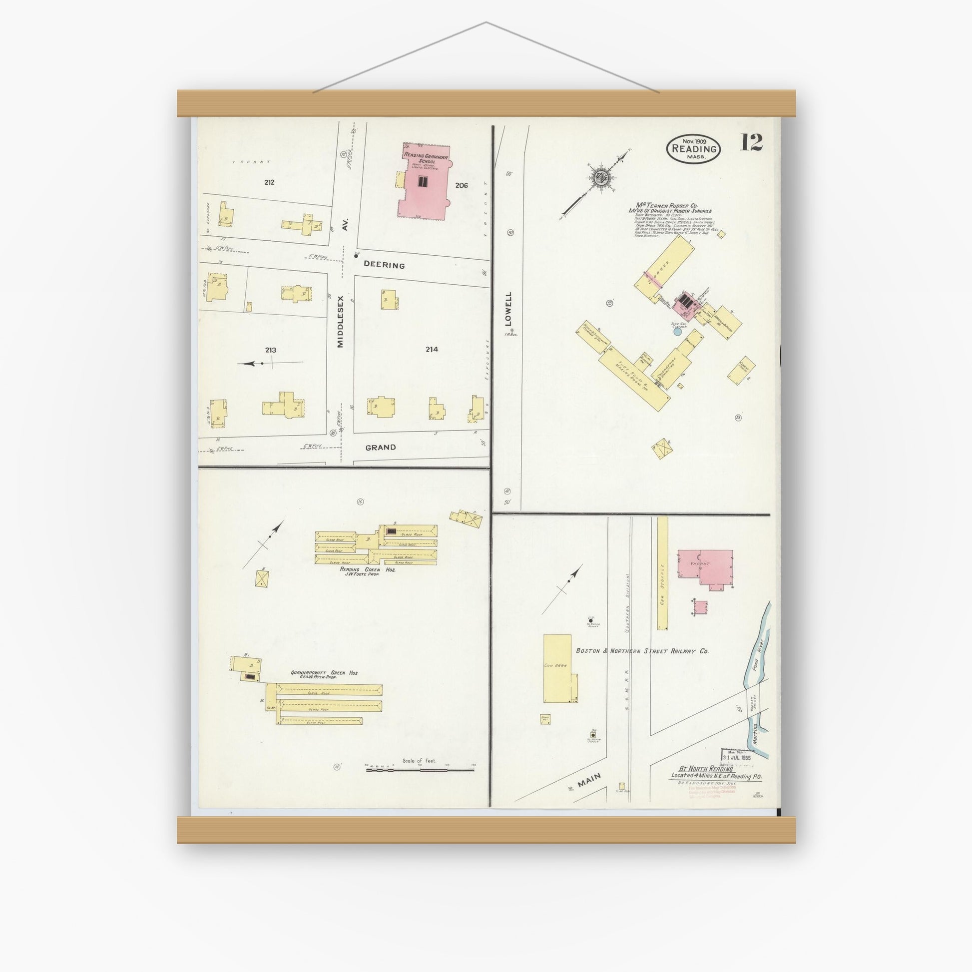 Old map wall art mockup — magnetic wood frame on white wall — Sanborn Fire Insurance Map from Reading, Middlesex County, Massachusetts (1909), Sheet #0012