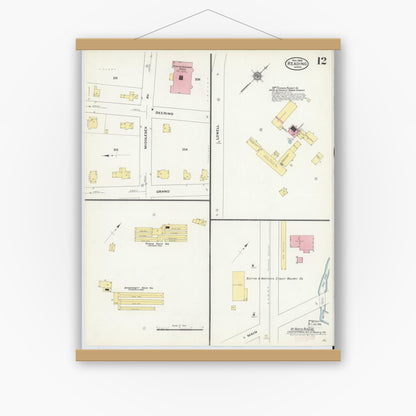 Old map wall art mockup — magnetic wood frame on white wall — Sanborn Fire Insurance Map from Reading, Middlesex County, Massachusetts (1909), Sheet #0012