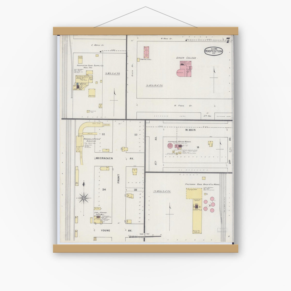 Old map wall art mockup — magnetic wood frame on white wall — Sanborn Fire Insurance Map from Hoopeston, Vermilion County, Illinois (1895), Sheet #0007