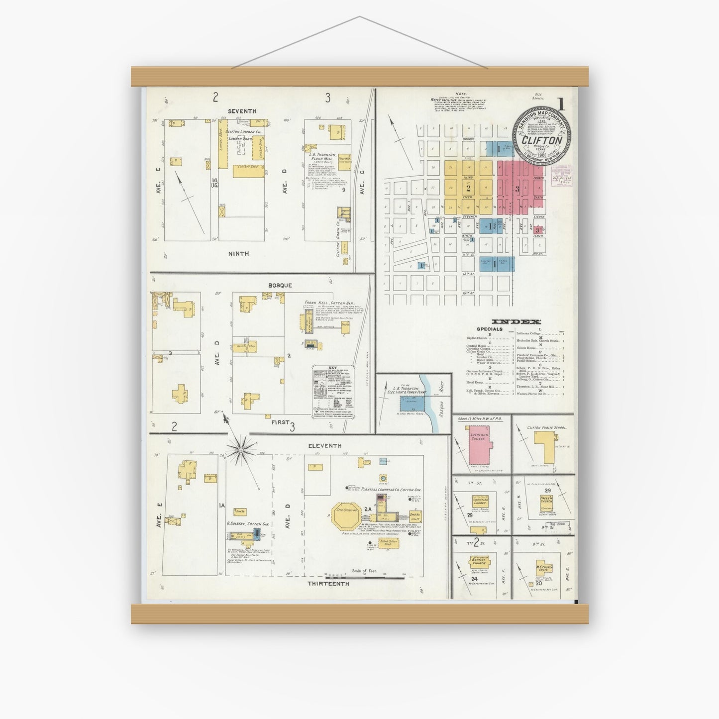 Old map wall art mockup — magnetic wood frame on white wall — Sanborn Fire Insurance Map from Clifton, Bosque County, Texas (1905), Sheet #0001