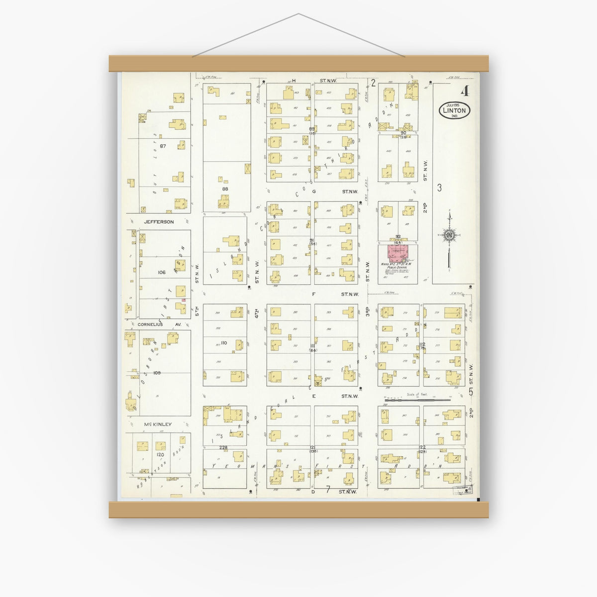 Old map wall art mockup — magnetic wood frame on white wall — Sanborn Fire Insurance Map from Linton, Greene County, Indiana (1915), Sheet #0004
