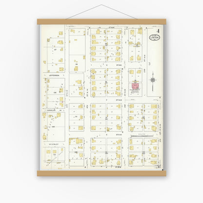 Old map wall art mockup — magnetic wood frame on white wall — Sanborn Fire Insurance Map from Linton, Greene County, Indiana (1915), Sheet #0004