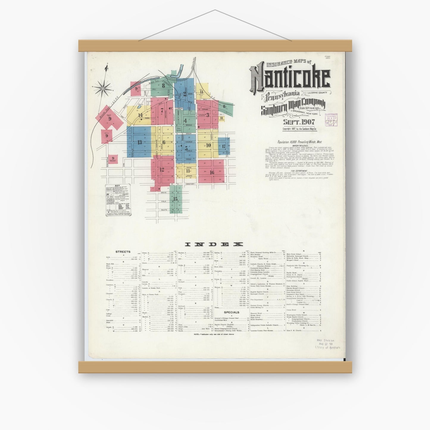 Old map wall art mockup — magnetic wood frame on white wall — Sanborn Fire Insurance Map from Nanticoke, Luzerne County, Pennsylvania (1907), Sheet #0001