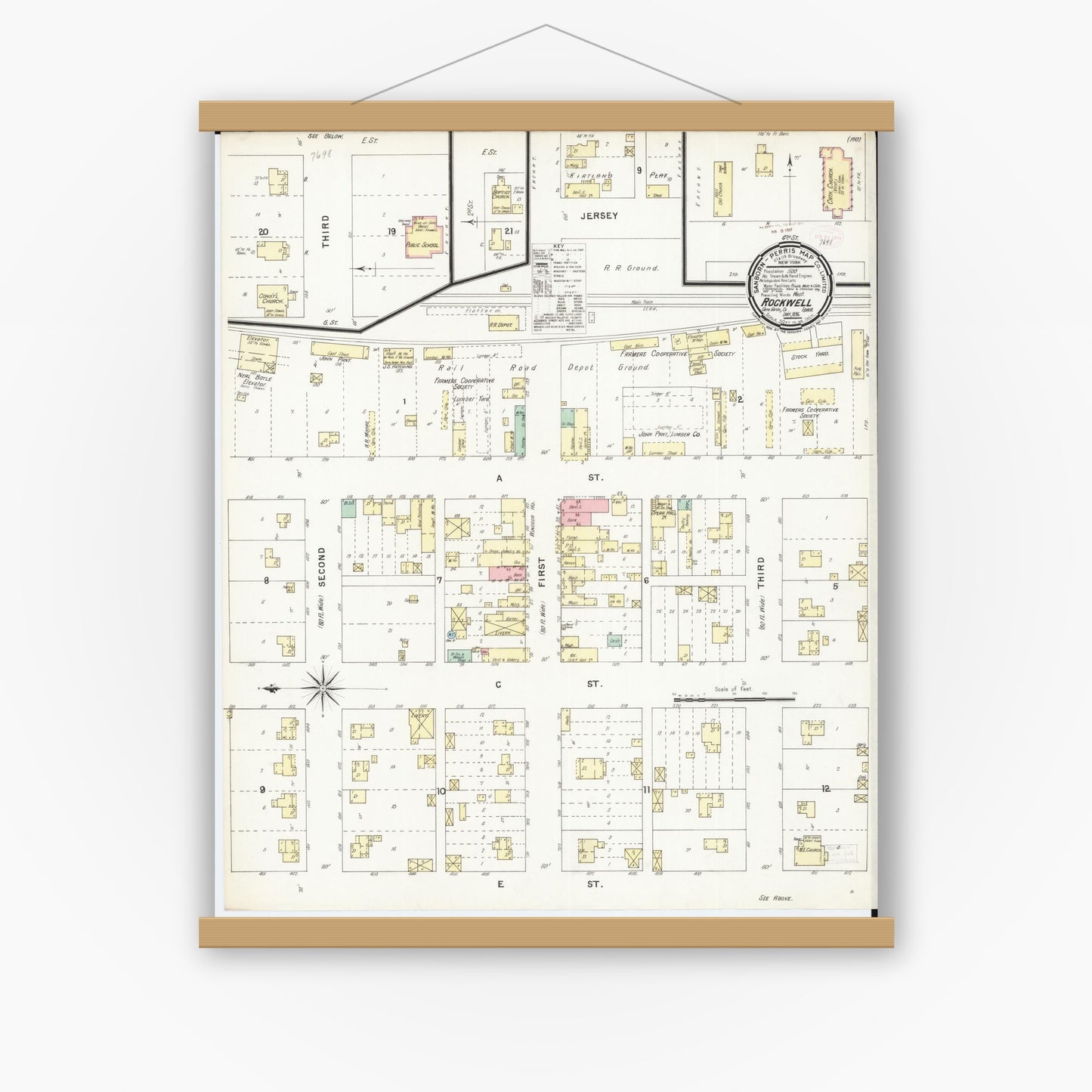 Old map wall art mockup — magnetic wood frame on white wall — Sanborn Fire Insurance Map from Rockwell, Cerro Gordo County, Iowa (1896), Sheet #0001
