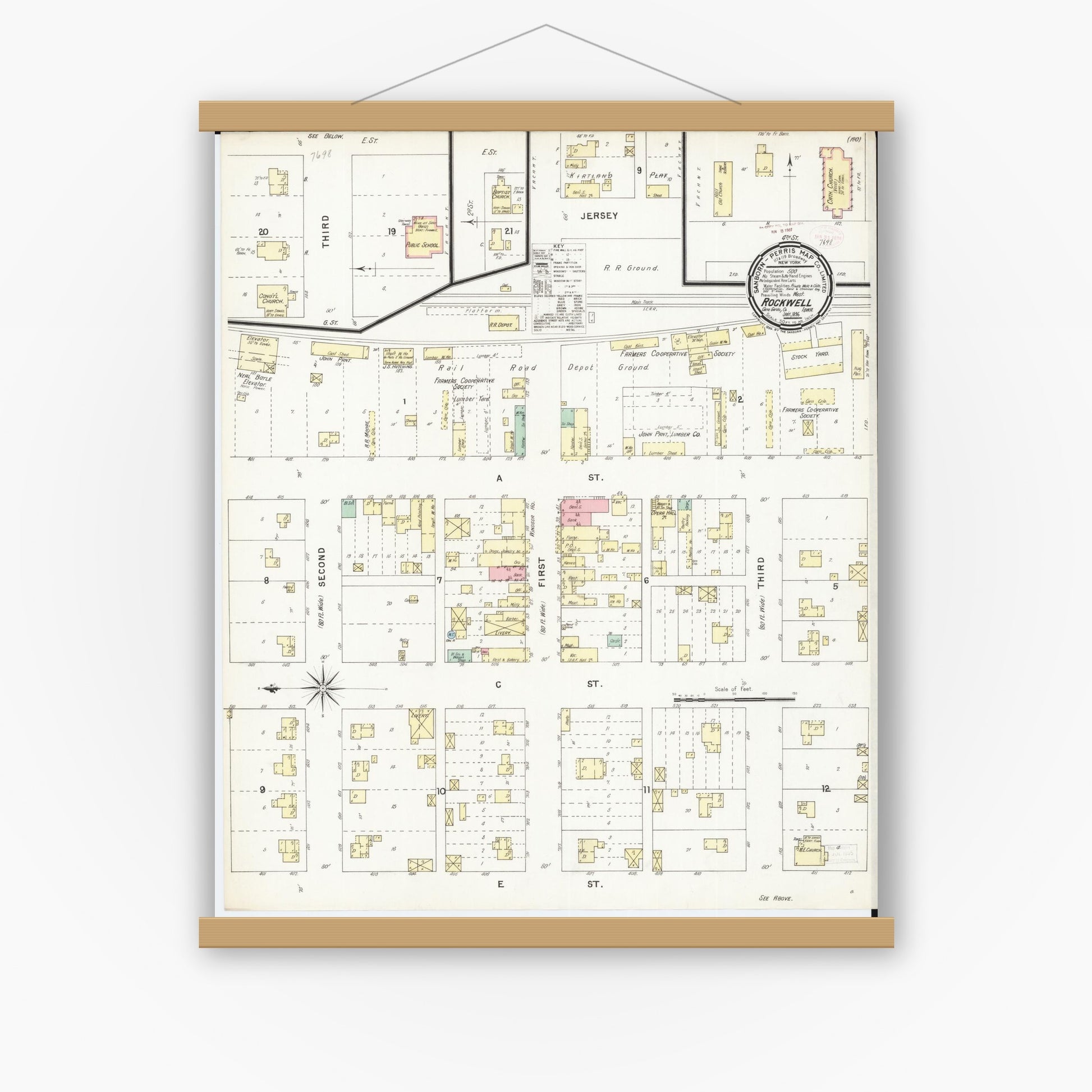 Old map wall art mockup — magnetic wood frame on white wall — Sanborn Fire Insurance Map from Rockwell, Cerro Gordo County, Iowa (1896), Sheet #0001