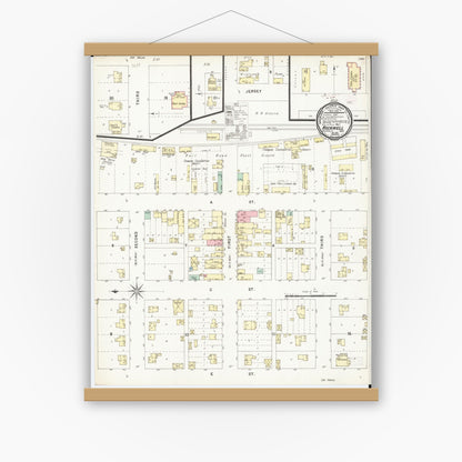 Old map wall art mockup — magnetic wood frame on white wall — Sanborn Fire Insurance Map from Rockwell, Cerro Gordo County, Iowa (1896), Sheet #0001