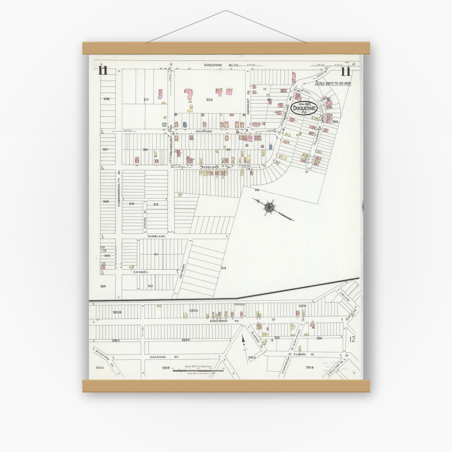 Old map wall art mockup — magnetic wood frame on white wall — Sanborn Fire Insurance Map from Duquesne, Allegheny County, Pennsylvania (1925), Sheet #0011