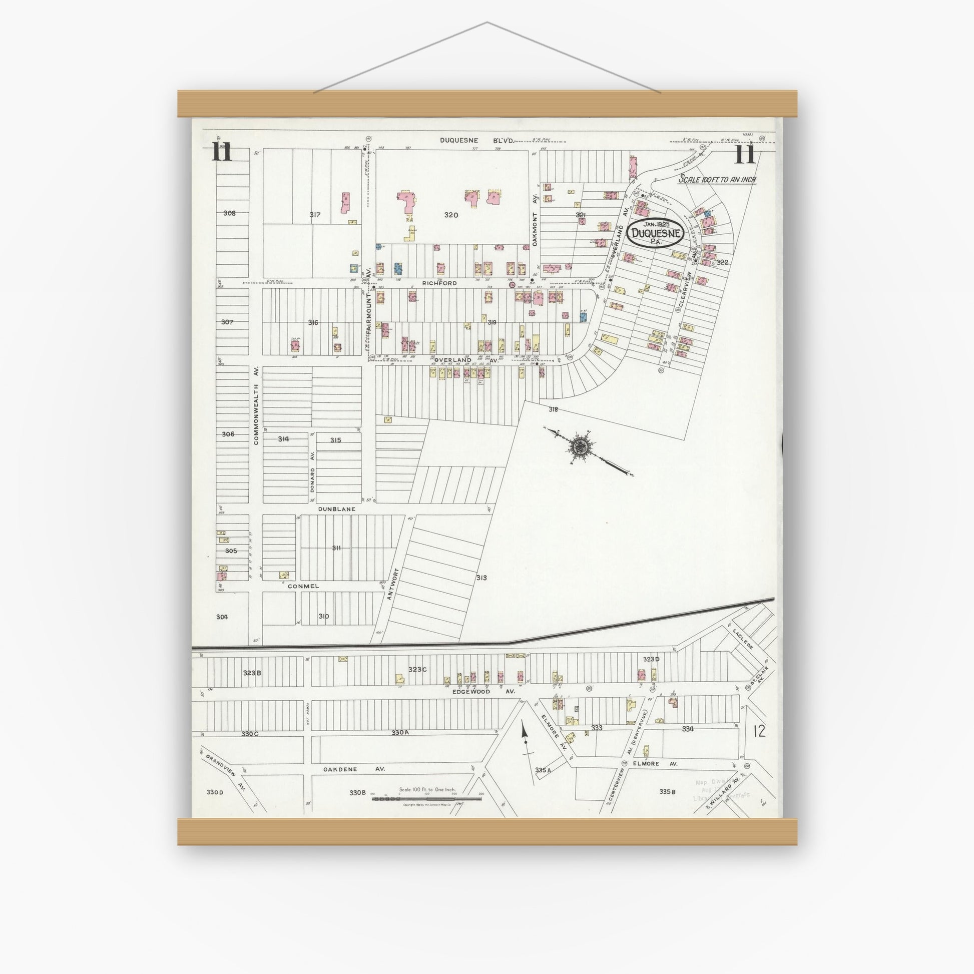 Old map wall art mockup — magnetic wood frame on white wall — Sanborn Fire Insurance Map from Duquesne, Allegheny County, Pennsylvania (1925), Sheet #0011