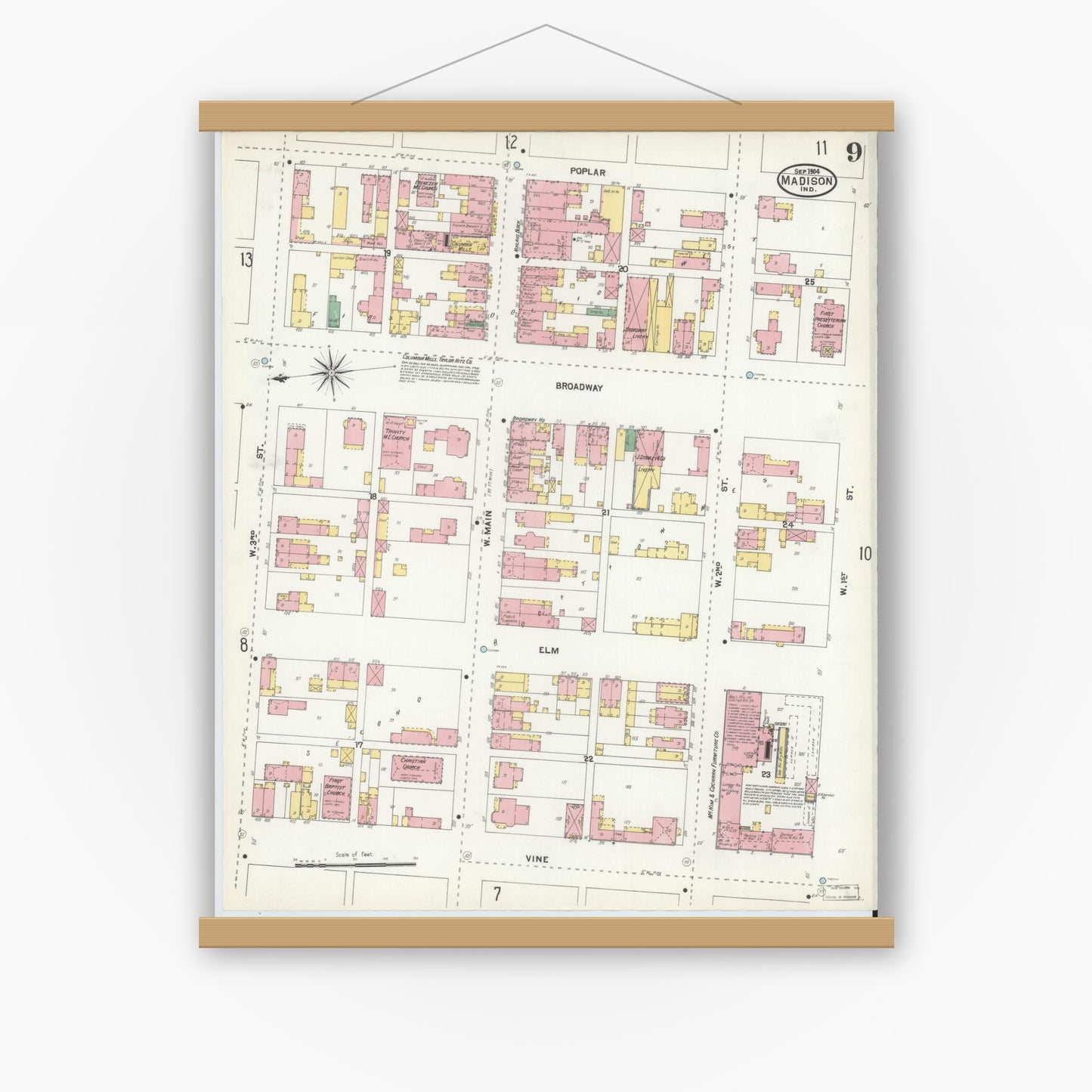 Old map wall art mockup — magnetic wood frame on white wall — Sanborn Fire Insurance Map from Madison, Jefferson County, Indiana (1904), Sheet #0009