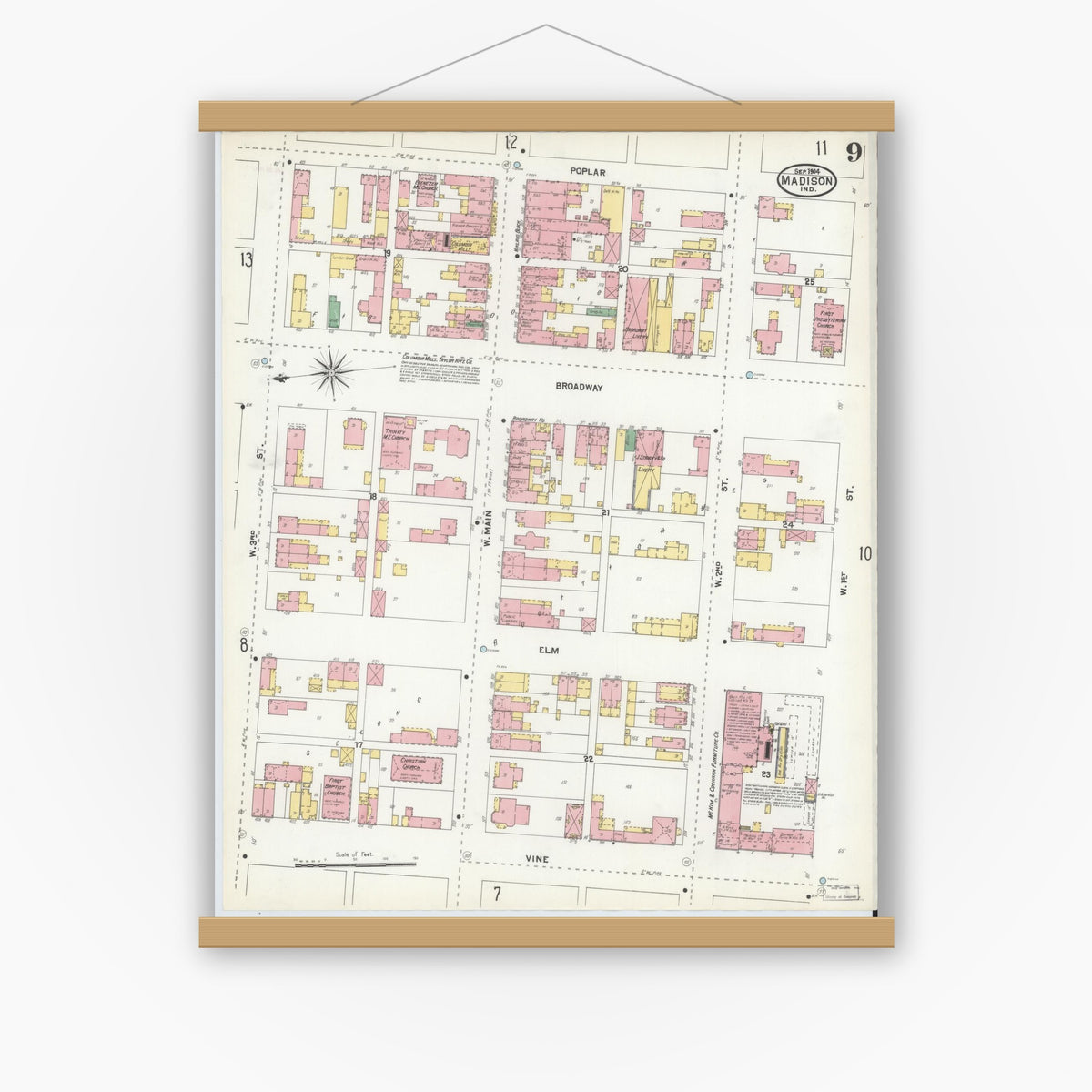 Old map wall art mockup — magnetic wood frame on white wall — Sanborn Fire Insurance Map from Madison, Jefferson County, Indiana (1904), Sheet #0009