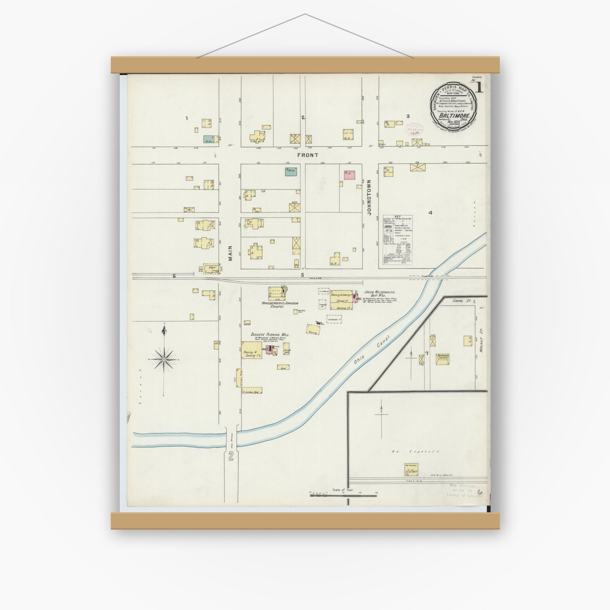 Old map wall art mockup — magnetic wood frame on white wall — Sanborn Fire Insurance Map from Baltimore, Fairfield County, Ohio (1895) - Complete Map Set