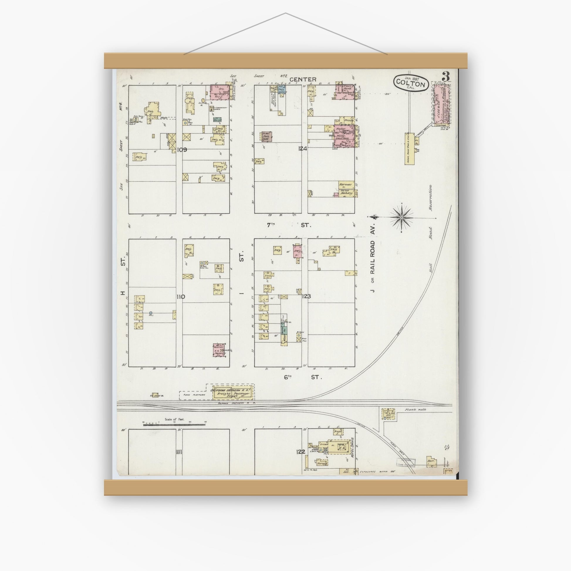Old map wall art mockup — magnetic wood frame on white wall — Sanborn Fire Insurance Map from Colton, San Bernardino County, California (1887), Sheet #0003