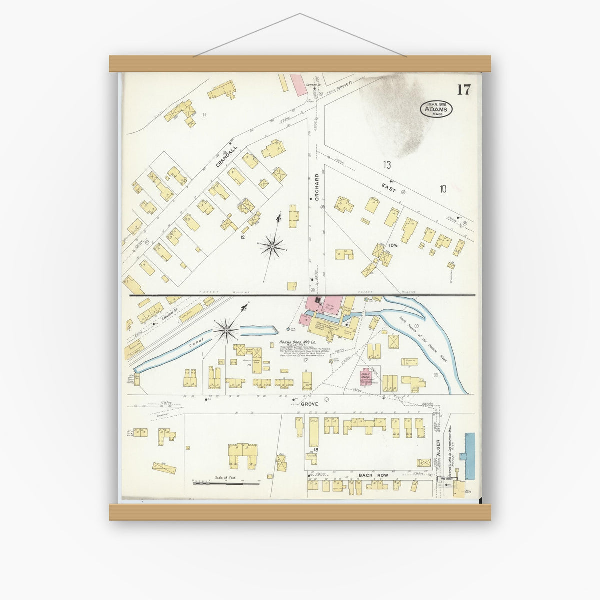 Old map wall art mockup — magnetic wood frame on white wall — Sanborn Fire Insurance Map from Adams, Berkshire County, Massachusetts (1908), Sheet #0017