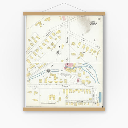 Old map wall art mockup — magnetic wood frame on white wall — Sanborn Fire Insurance Map from Adams, Berkshire County, Massachusetts (1908), Sheet #0017