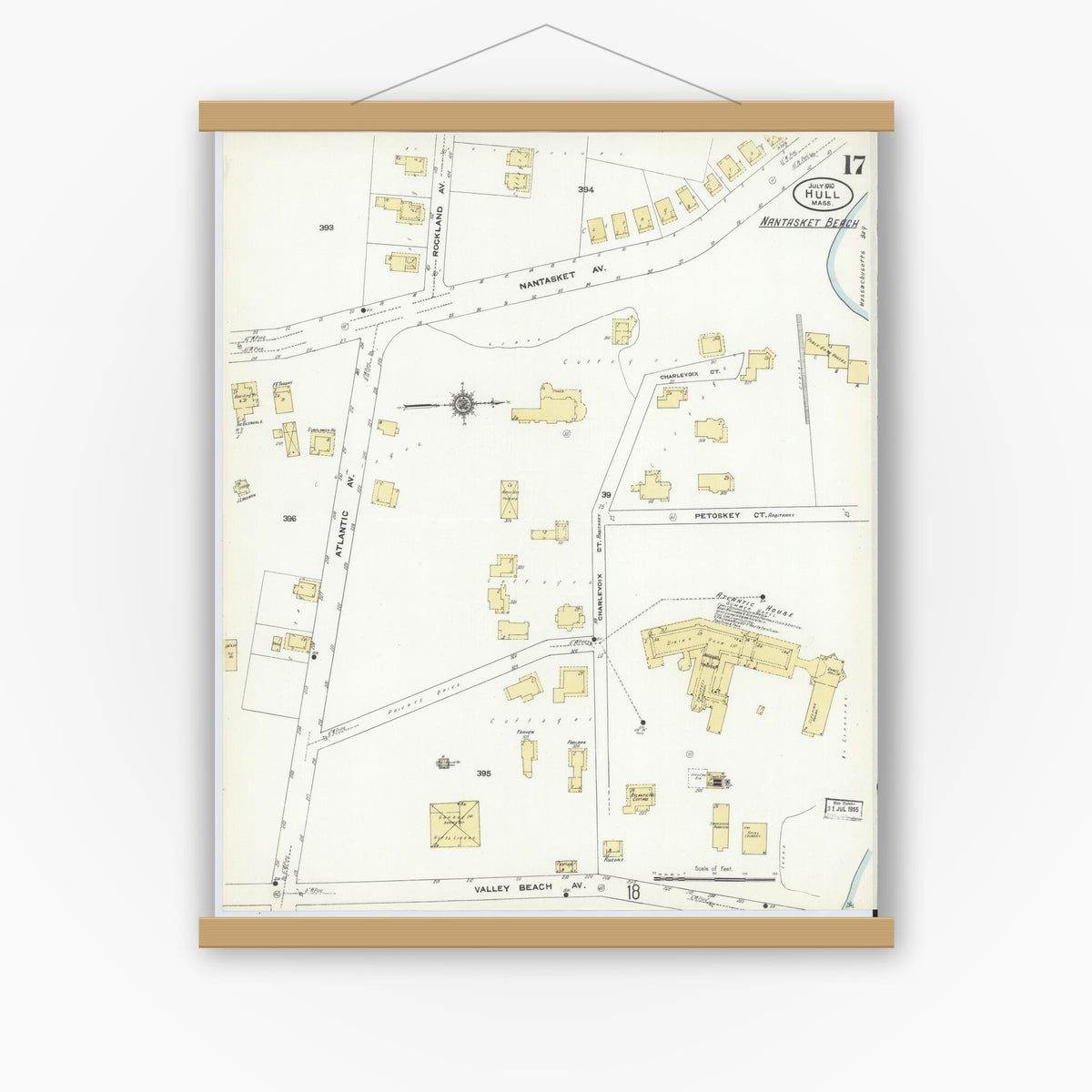 Old map wall art mockup — magnetic wood frame on white wall — Sanborn Fire Insurance Map from Hull, Plymouth County, Massachusetts (1910), Sheet #0017