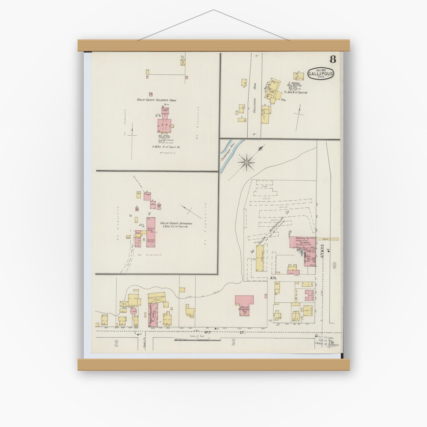 Old map wall art mockup — magnetic wood frame on white wall — Sanborn Fire Insurance Map from Gallipolis, Gallia County, Ohio (1895), Sheet #0008