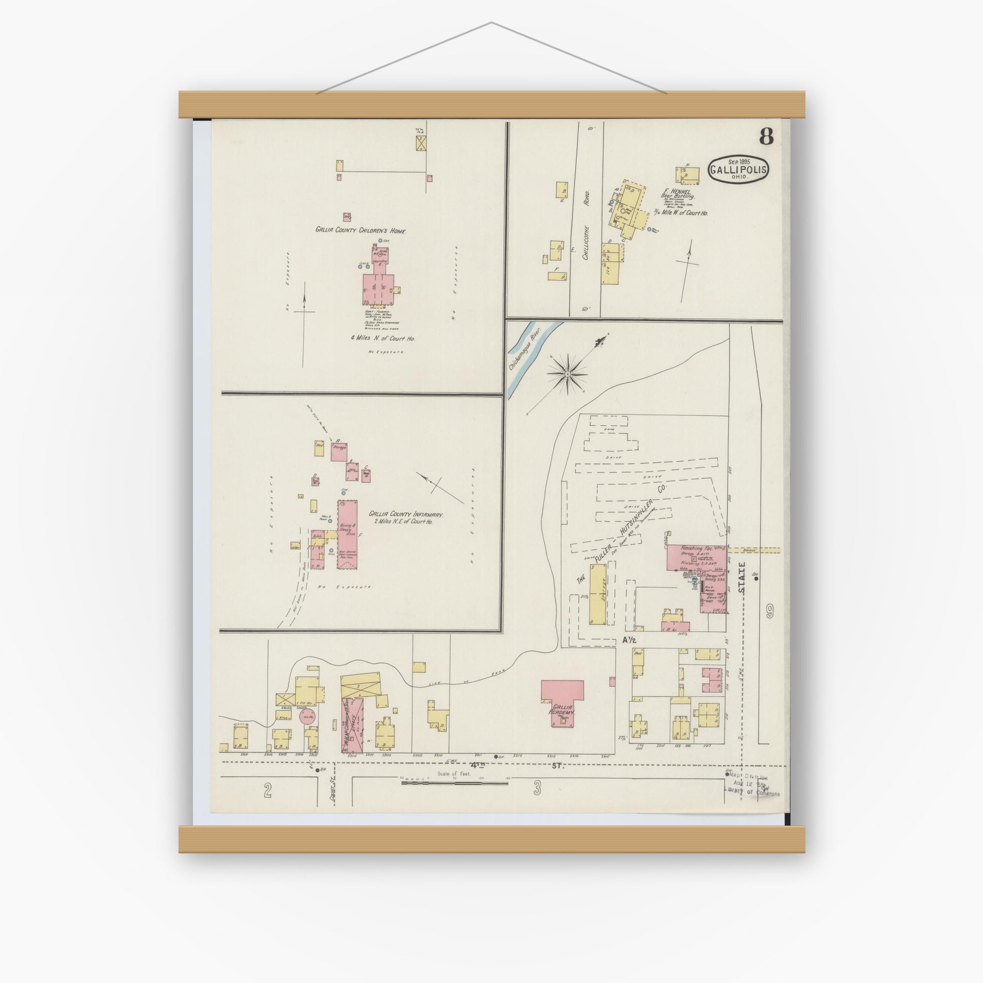 Old map wall art mockup — magnetic wood frame on white wall — Sanborn Fire Insurance Map from Gallipolis, Gallia County, Ohio (1895), Sheet #0008