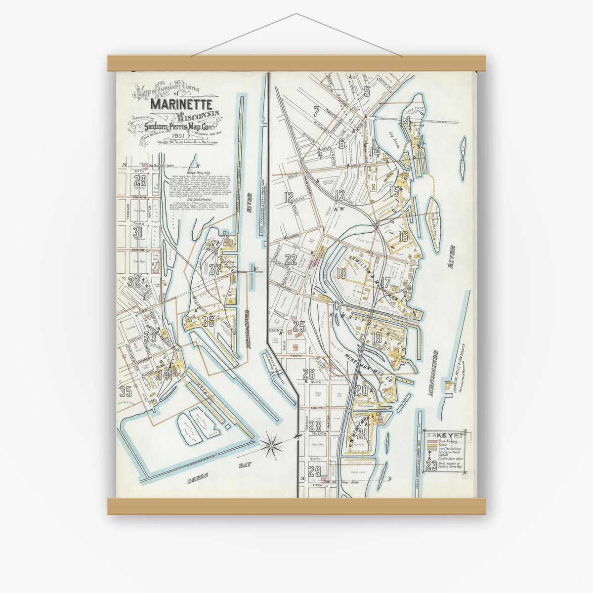 Old map wall art mockup — magnetic wood frame on white wall — Sanborn Fire Insurance Map from Marinette, Marinette County, Wisconsin (1901), Sheet #0001