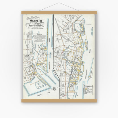 Old map wall art mockup — magnetic wood frame on white wall — Sanborn Fire Insurance Map from Marinette, Marinette County, Wisconsin (1901), Sheet #0001
