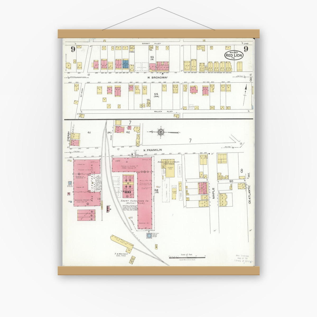 Old map wall art mockup — magnetic wood frame on white wall — Sanborn Fire Insurance Map from Red Lion, York County, Pennsylvania (1923), Sheet #0009