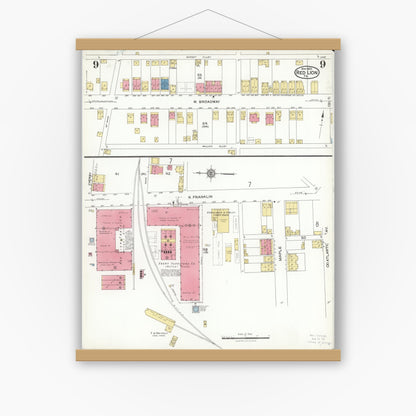 Old map wall art mockup — magnetic wood frame on white wall — Sanborn Fire Insurance Map from Red Lion, York County, Pennsylvania (1923), Sheet #0009