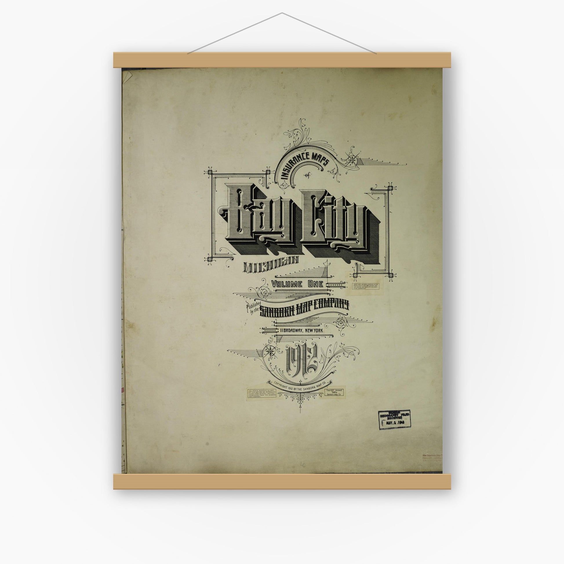 Old map wall art mockup — magnetic wood frame on white wall — Sanborn Fire Insurance Map from Bay City, Bay County, Michigan (1950), Sheet #0001