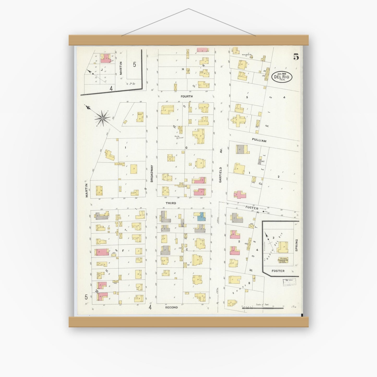 Old map wall art mockup — magnetic wood frame on white wall — Sanborn Fire Insurance Map from Del Rio, Val Verde County, Texas (1909), Sheet #0005