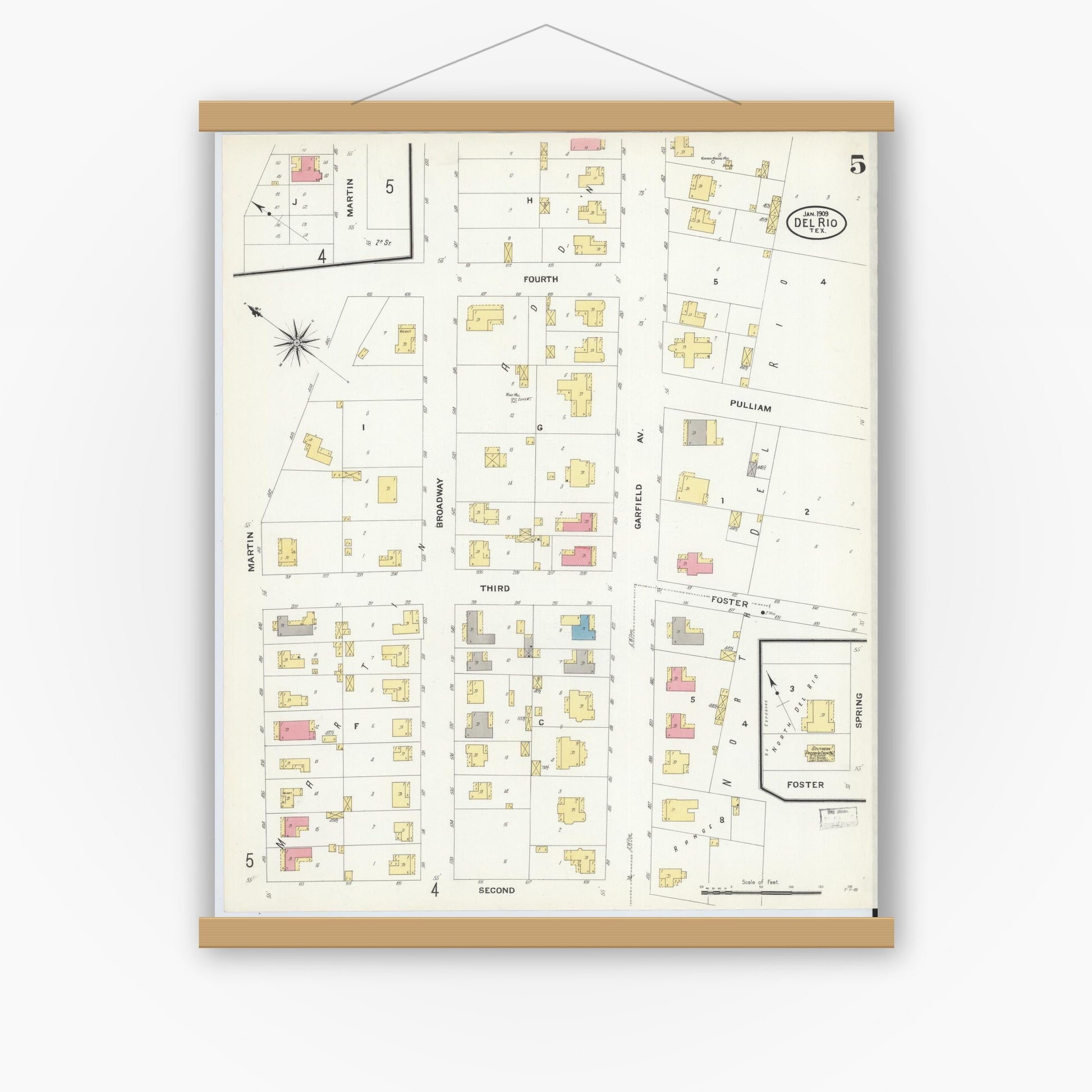 Old map wall art mockup — magnetic wood frame on white wall — Sanborn Fire Insurance Map from Del Rio, Val Verde County, Texas (1909), Sheet #0005