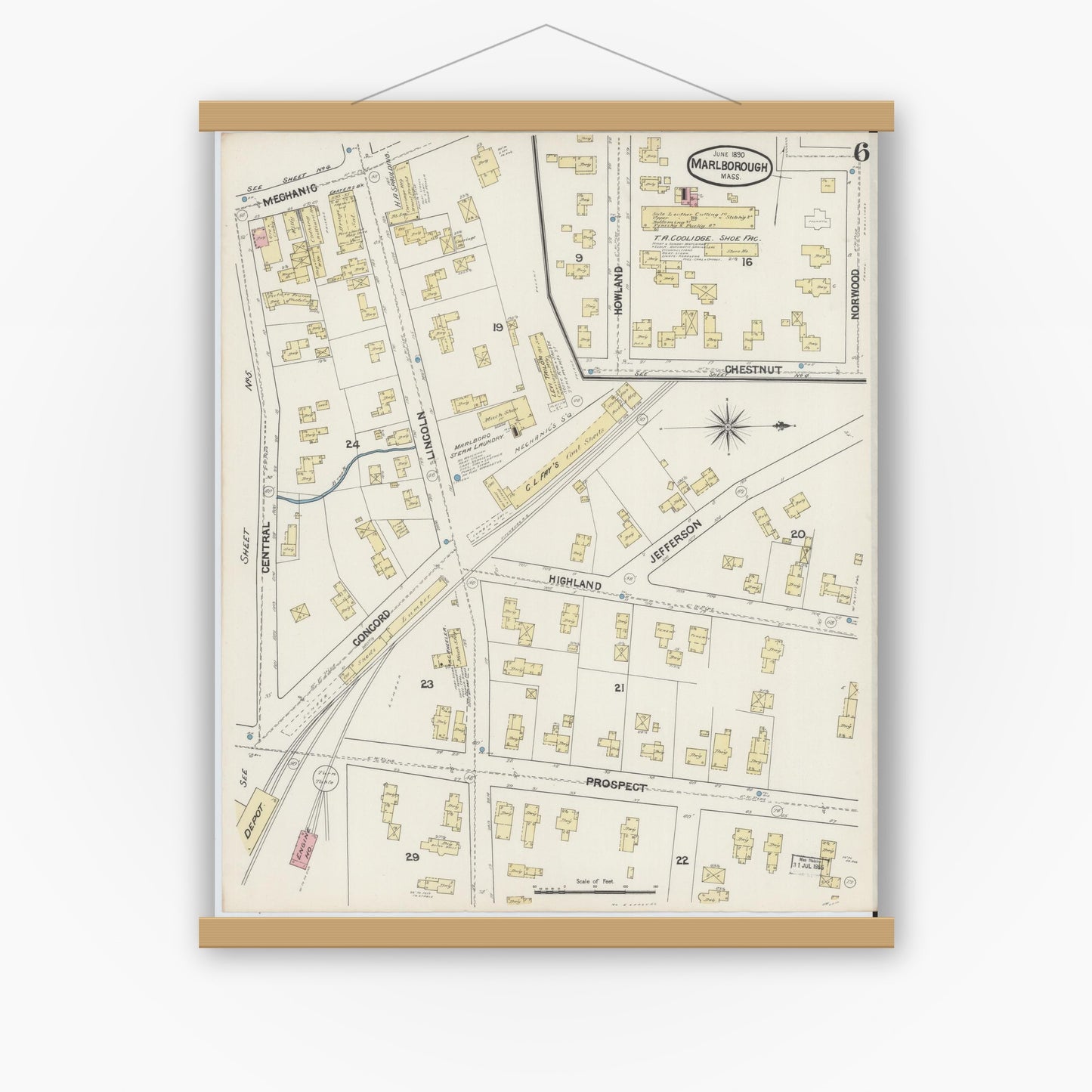 Old map wall art mockup — magnetic wood frame on white wall — Sanborn Fire Insurance Map from Marlborough, Middlesex County, Massachusetts (1890), Sheet #0006
