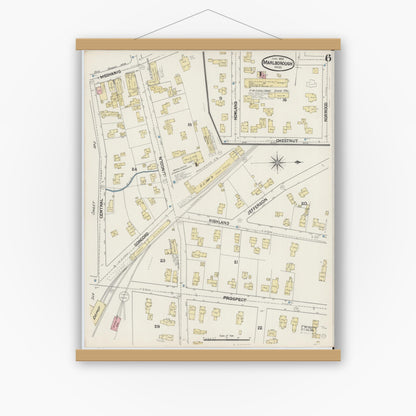 Old map wall art mockup — magnetic wood frame on white wall — Sanborn Fire Insurance Map from Marlborough, Middlesex County, Massachusetts (1890), Sheet #0006
